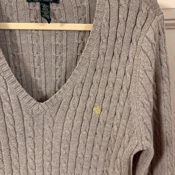 Lauren Ralph Lauren Women's Cable Knit V-Neck Sweater Gray Sz Large - Picture 3 of 9